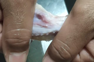 Holding and pressing chicken wings by hands