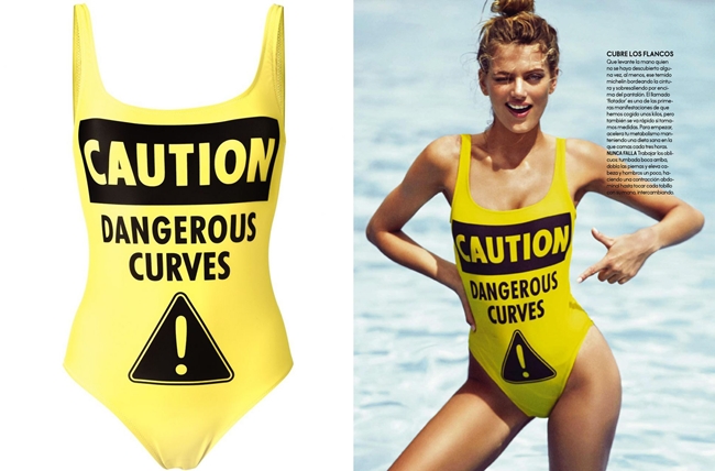 Elle Spain April 2016, Bregje Heinen wears Moschino Dangerous Curves Swimsuit cf. 2016 SS Moschino No Bikinis Allowed Swimsuit