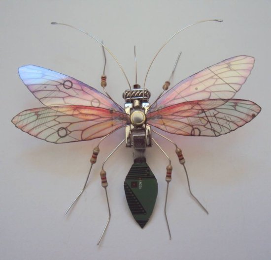 As esculturas de insetos feitos de peças de computador recicladas de Julie Alice Chappell Julie Alice Chappell esculturas insetos mecânicos circuitos computador lixo reciclado metal videogame cores asas borboletas mosquitos