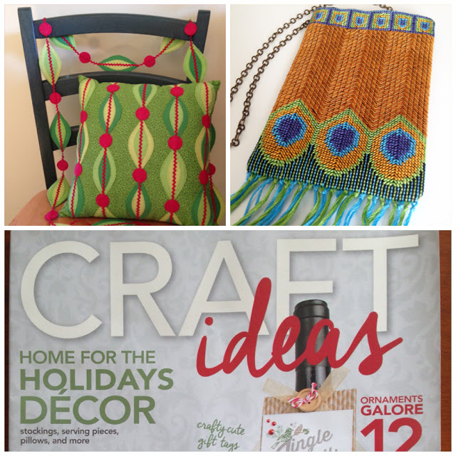 Floss & Fleece: felt appliqued pillow, cross-stitched peacock evening bag in Craft Ideas magazine felt appliqued pillow, cross-stitched peacock evening purse in Craft Ideas magazine
