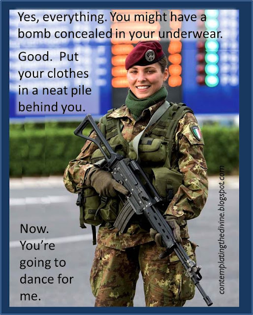 Captioned image of sexy female soldier making you strip