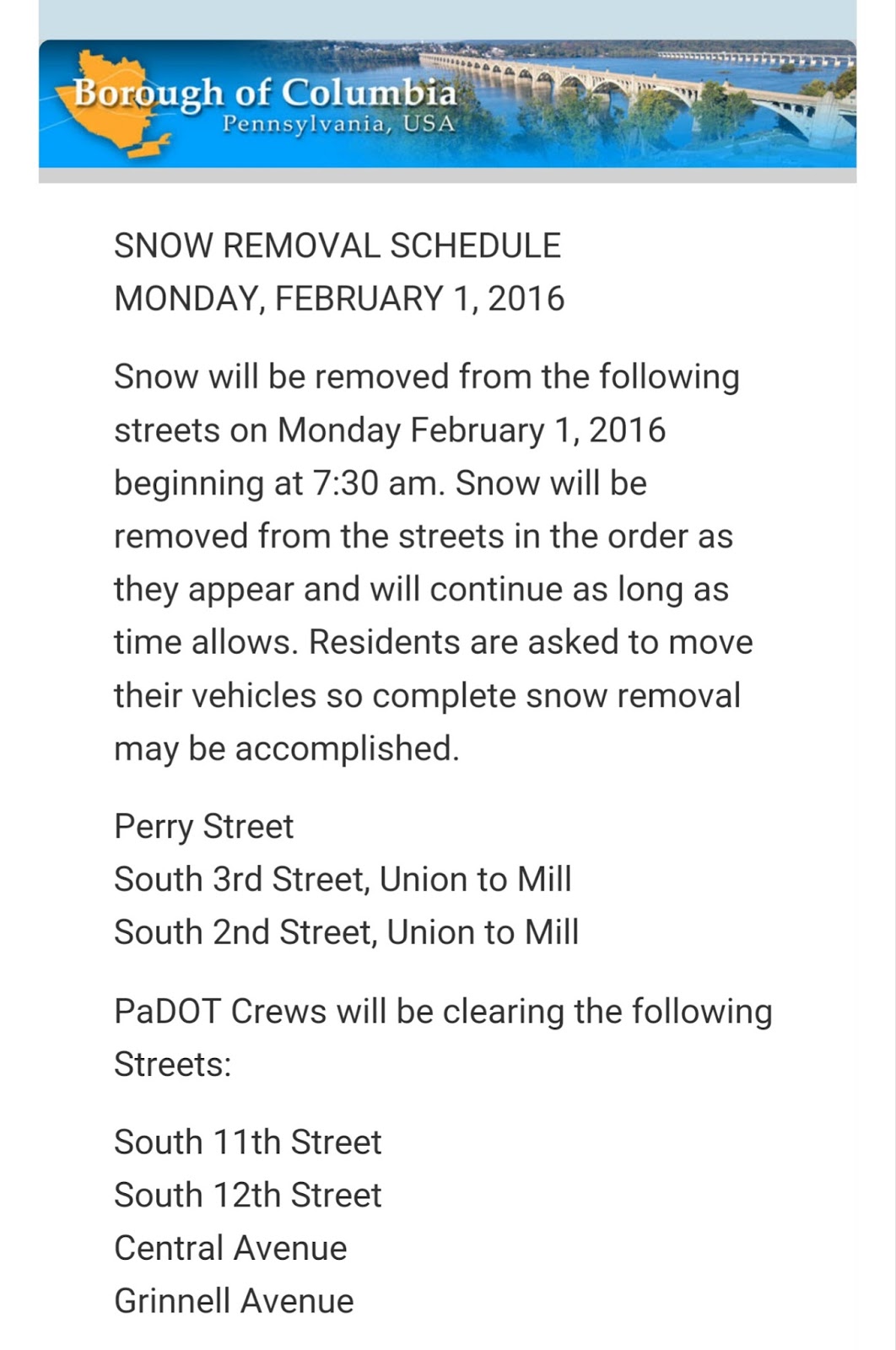 COLUMBIA SPY: Snow removal schedule for Monday, February 1