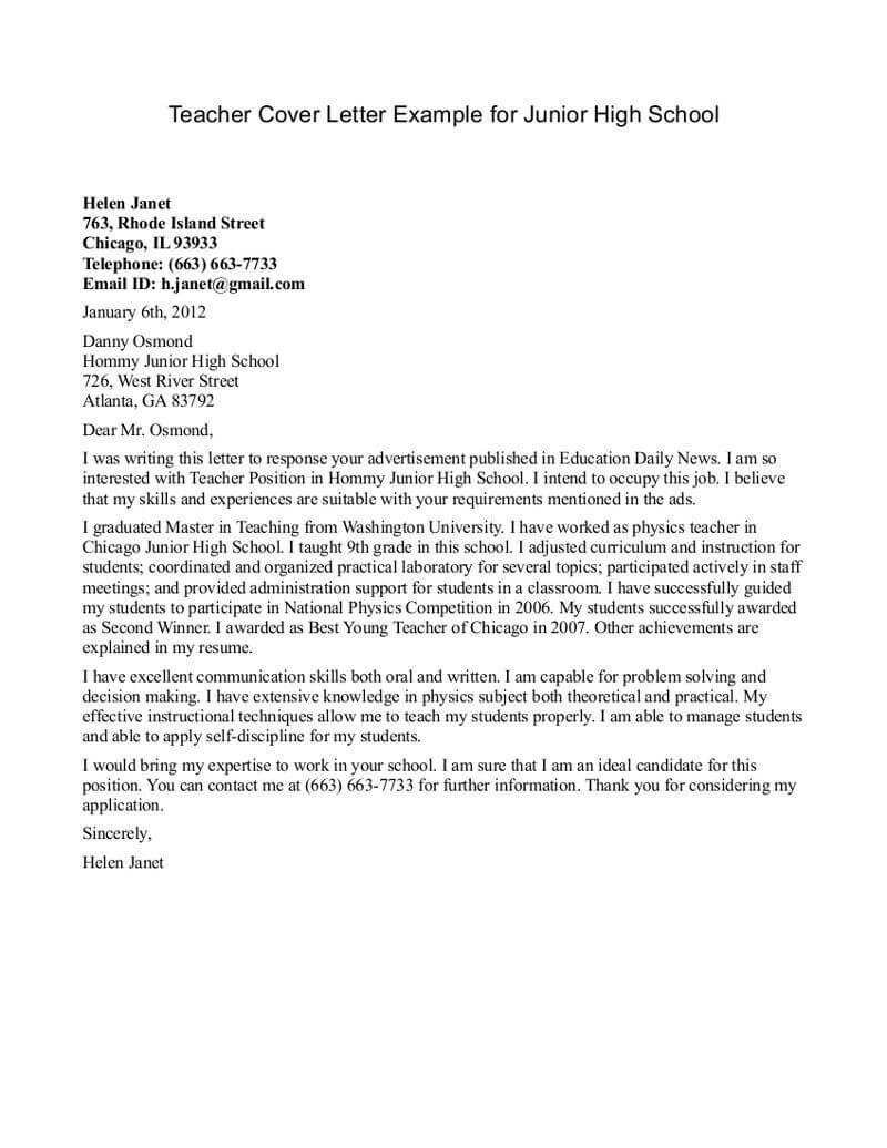 High School Teacher Cover Letter High School Teacher Cover Letter
