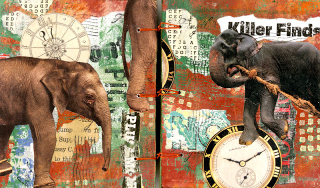 Collaged book with elephants and clocks