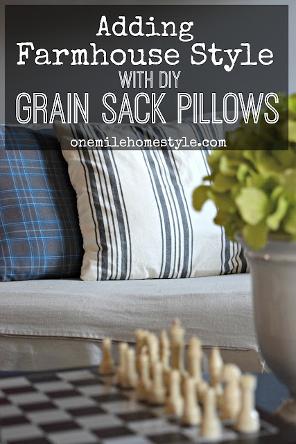 Adding Farmhouse Style with Grain Sack Pillows Made From Cloth Napkins - One Mile Home Style