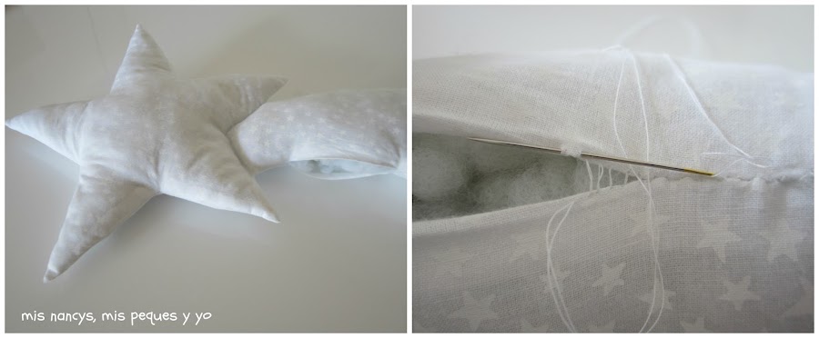 mis nancys, mis peques y yo, tutorial DIY cojín con forma de estrella de Navidad, coser puntadas invisibles