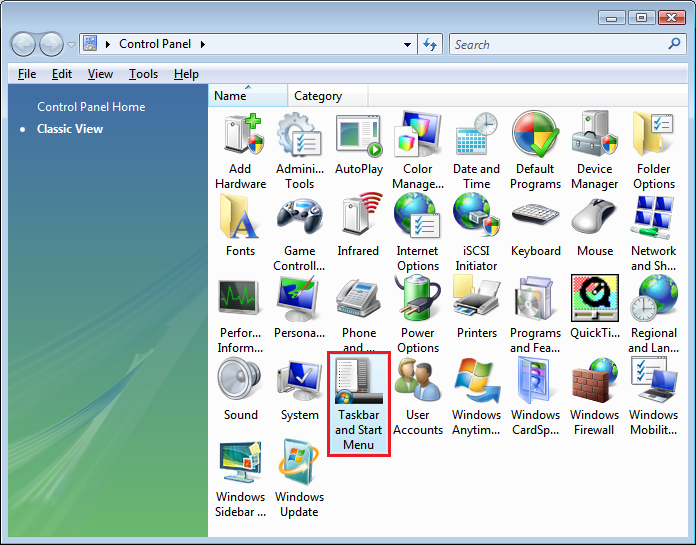 barra delle applicazioni mancante di Windows Vista
