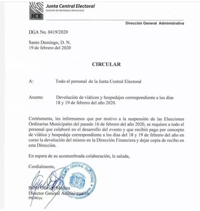JCE pide devolver dinero pagado por viático y hospedaje JCE pide devolver dinero pagado por viático y hospedaje