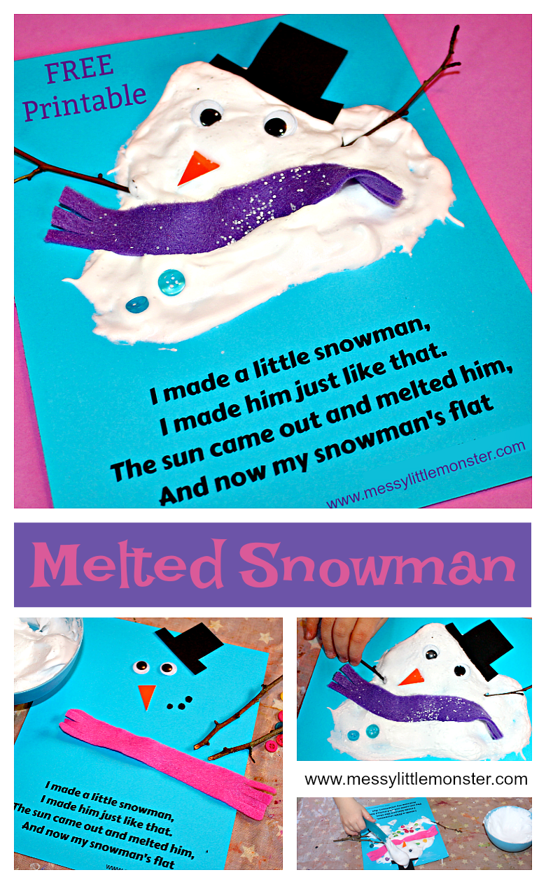 An easy melted snowman kids craft and (free) printable poem using a simple puffy paint recipe that uses shaving foam and glue. A fun snow or winter art or literacy project for toddlers and preschoolers as well as older kids.