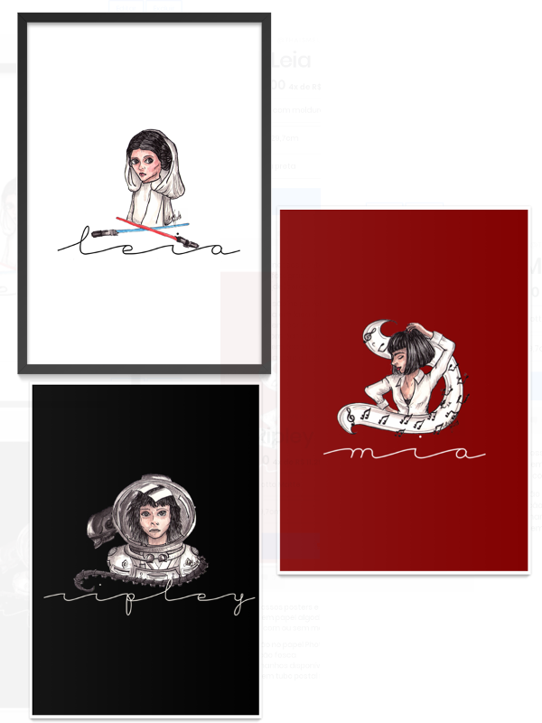 Novas Ilustrações no studio@thaismelo - My Frida, My Audrey, My Amélie, My Ripley, My Mia, My Leia e My Rachael. studio@thaismelo