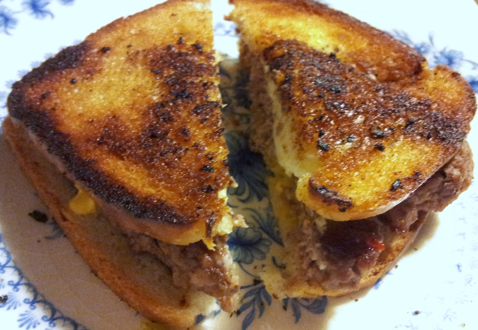 Hamburger & Bacon on Thin Sliced White Bread with Cheddar, Relish & Mustard