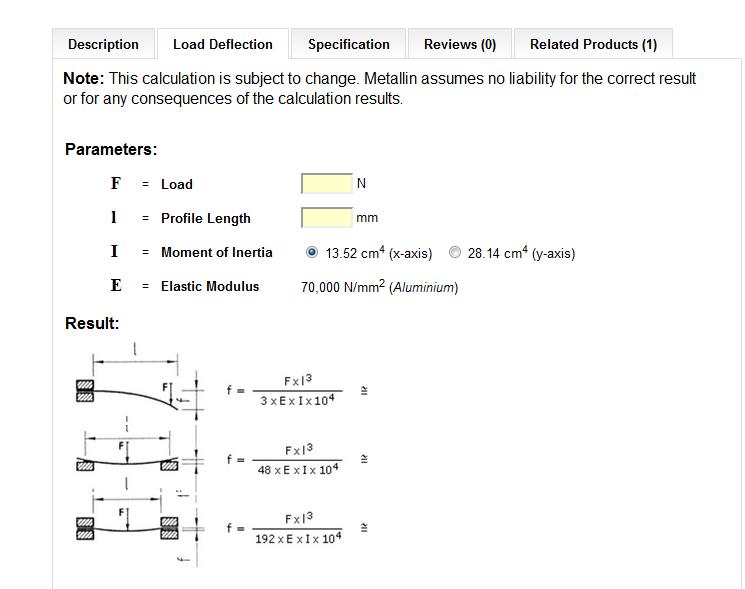 Metallin Aluminium Profile Load Deflection Calculator