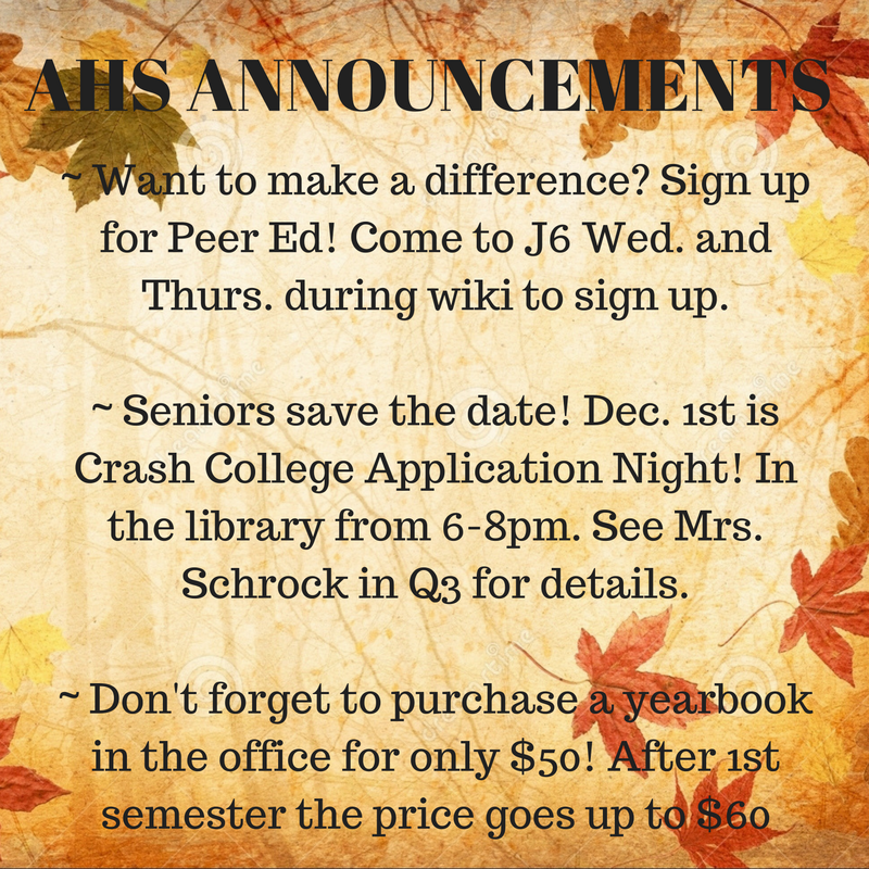 AHS Morning Announcements Nov. 14 to 18, 2016