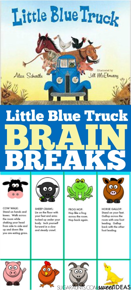 Little Blue Truck and farm themed brain breaks for attention, focus and sensory needs in the classroom based on farm animals.