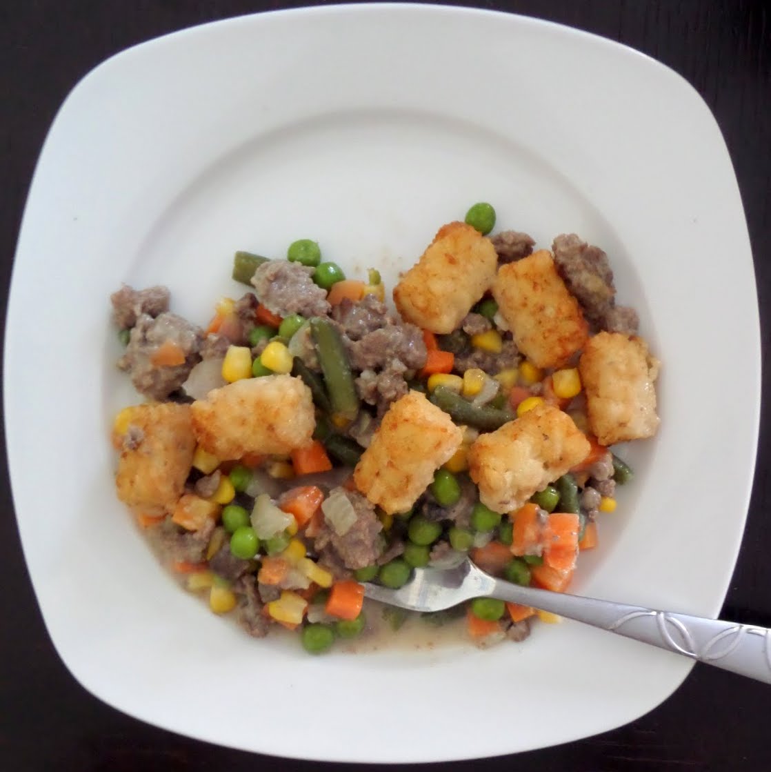 Tater Tot Hotdish:  Ground beef and veggies in a creamy sauce topped with tater tots.