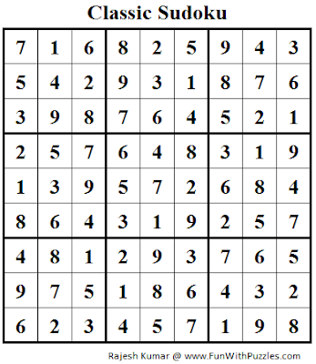 Classic Sudoku (Fun With Sudoku #87) Solution