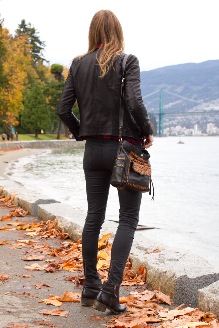 Vancouver Style Blogger, Alison Hutchinson, is wearing a plaid Zara top, topshop black leather moto jacket, faded black Zara jeans, leopard print Rebecca Minkoff bag, and black topshop ankle boots