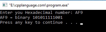 C++ Language Program for Convert Number Hex to Binary