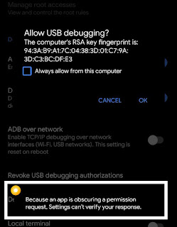 Cara mengatasi "because an app is obscuring a permission request ..." di Xiaomi Cara mengatasi "because an app is obscuring a permission request ..." di Xiaomi