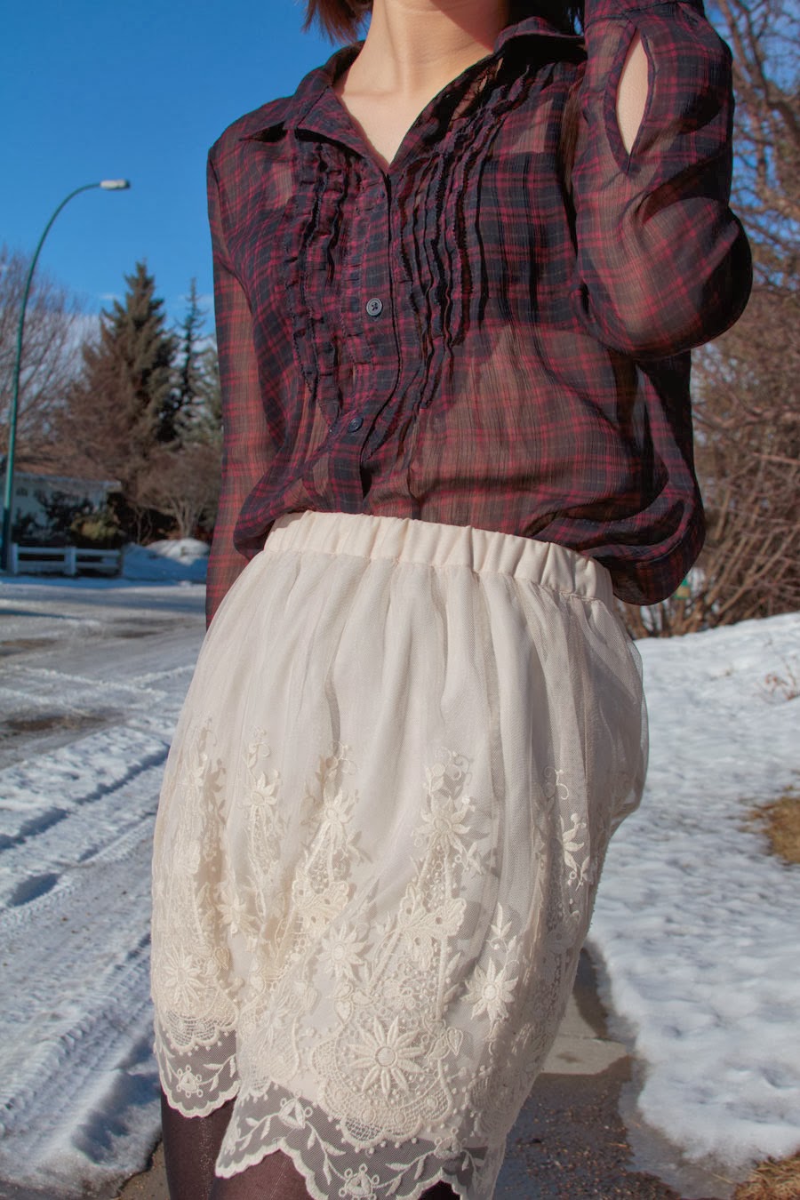 Lace up booties, sheer top, plaid, lace skirt, urban outfitters, spring fashion