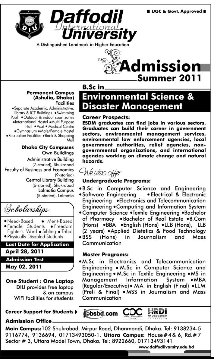 Daffodil International University Summer 2011 Admission Bangla Jobs