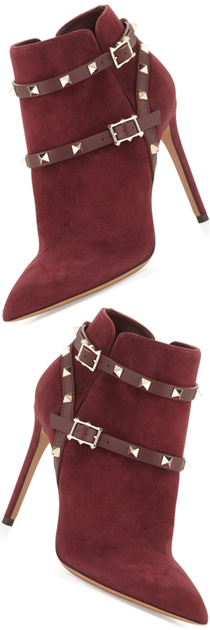 Valentino Suede High-Heel Rockstud Bootie, Rubin