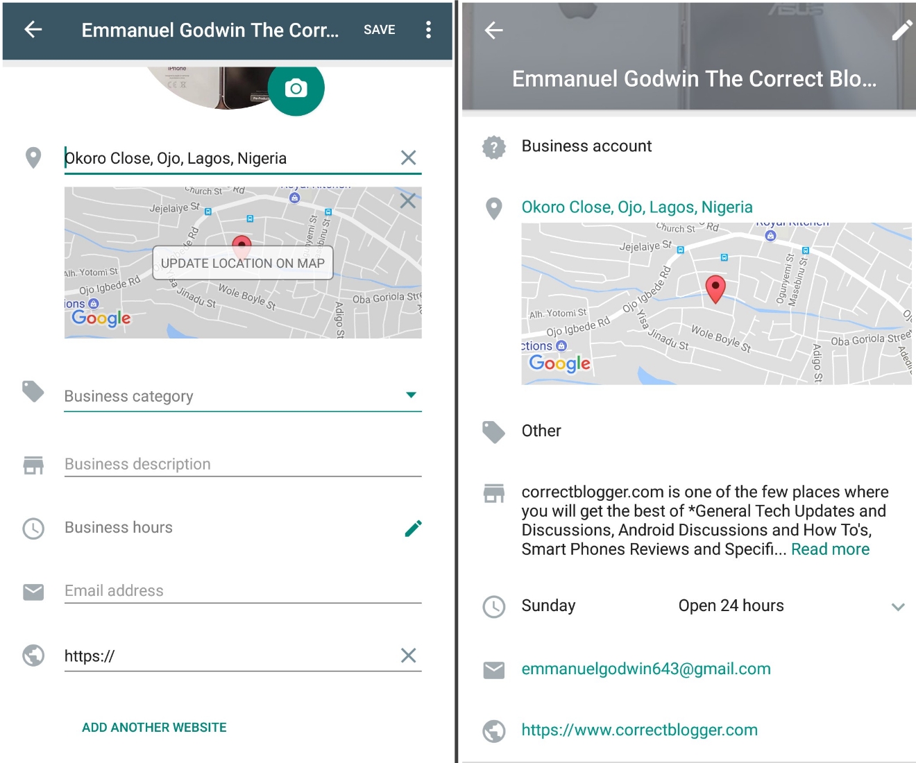 adding your business details on whatsapp business