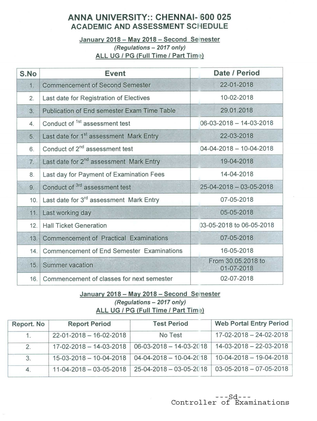 Anna University Academic Schedule June 2018 - Full Details
