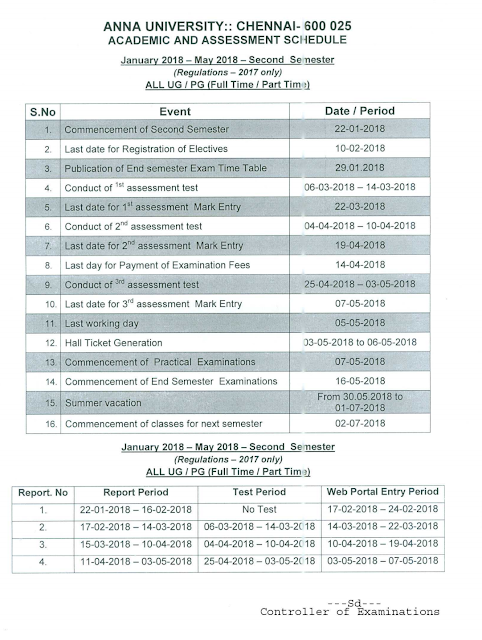 Anna University Academic Schedule June 2018 - Full Details