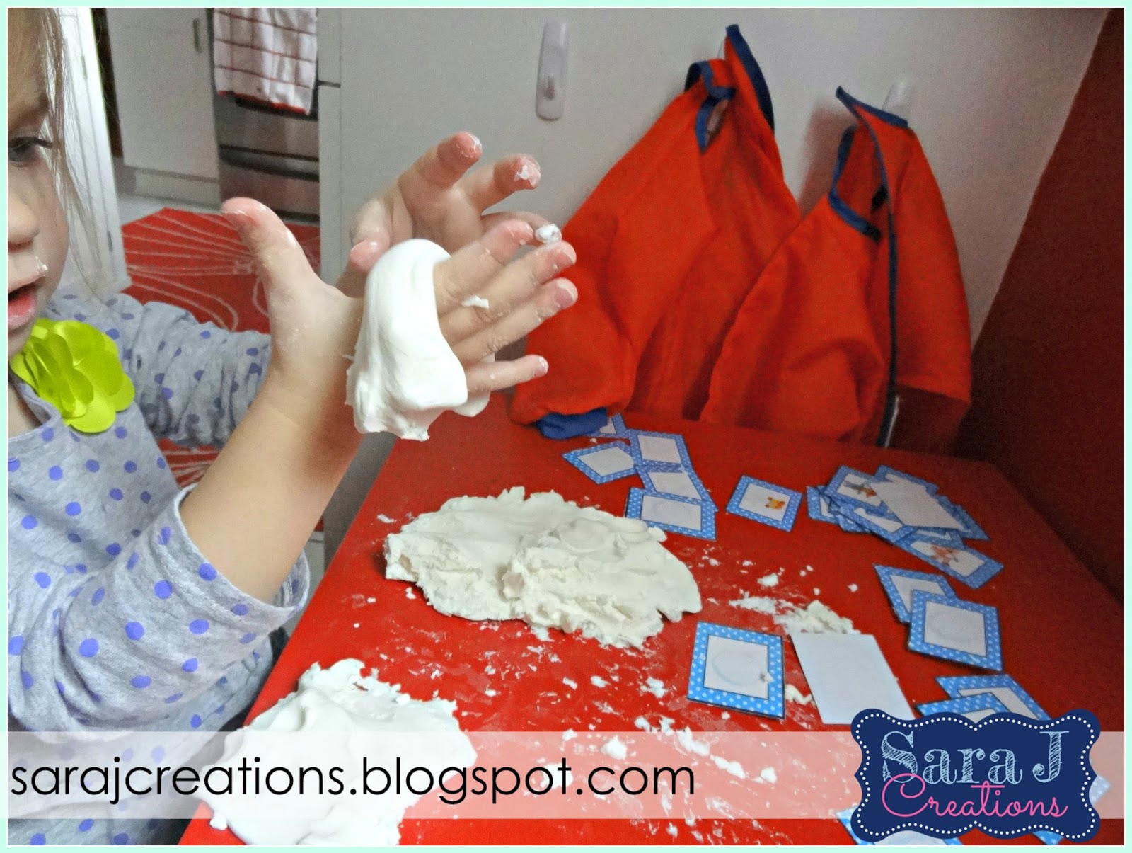 Snow dough is sensory fun for toddlers and preschoolers.  Grab your free matching cards for some winter fun!