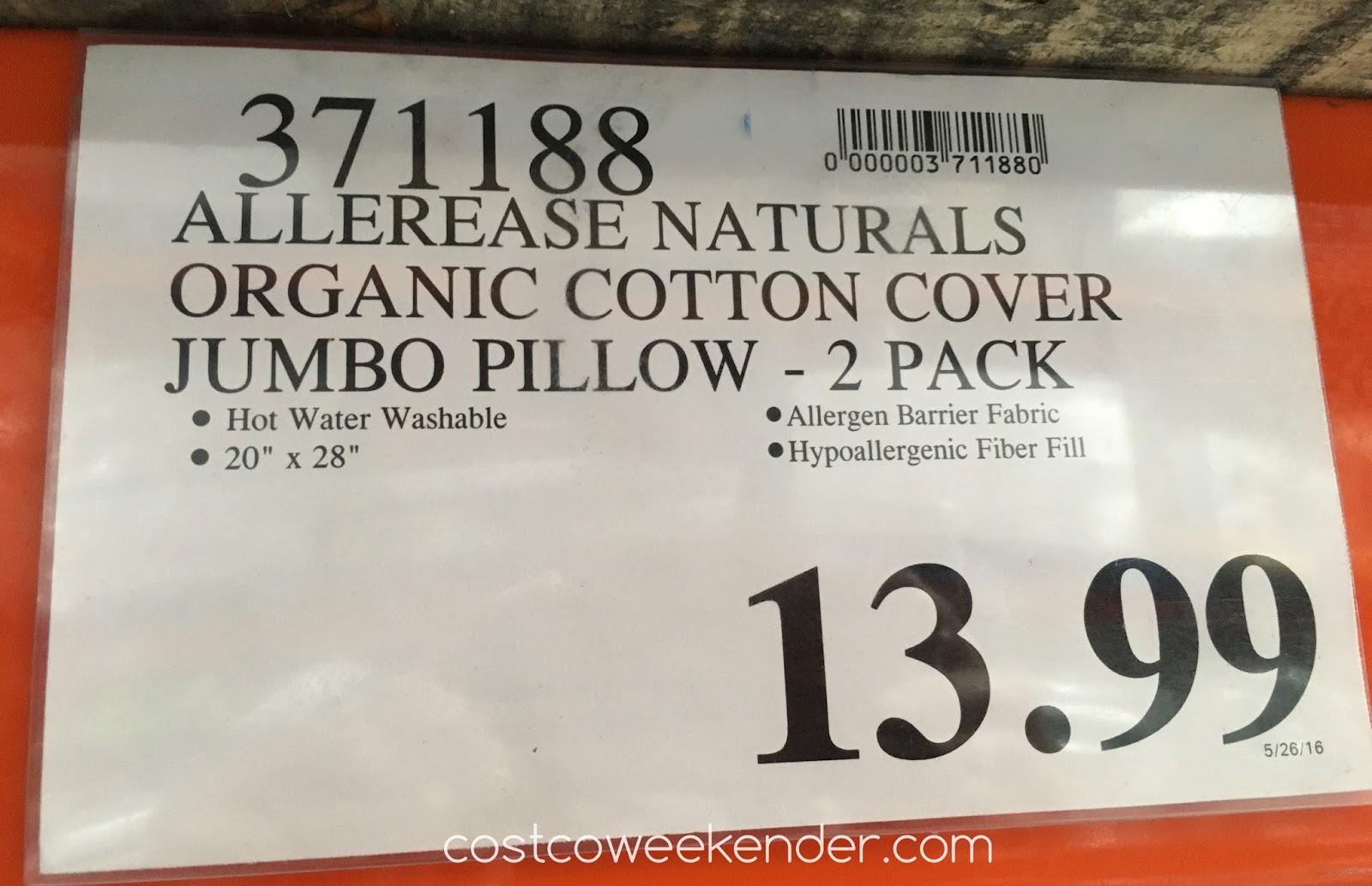Allerease Naturals Allergy Protection Pillow (Jumbo) 2 pack Costco