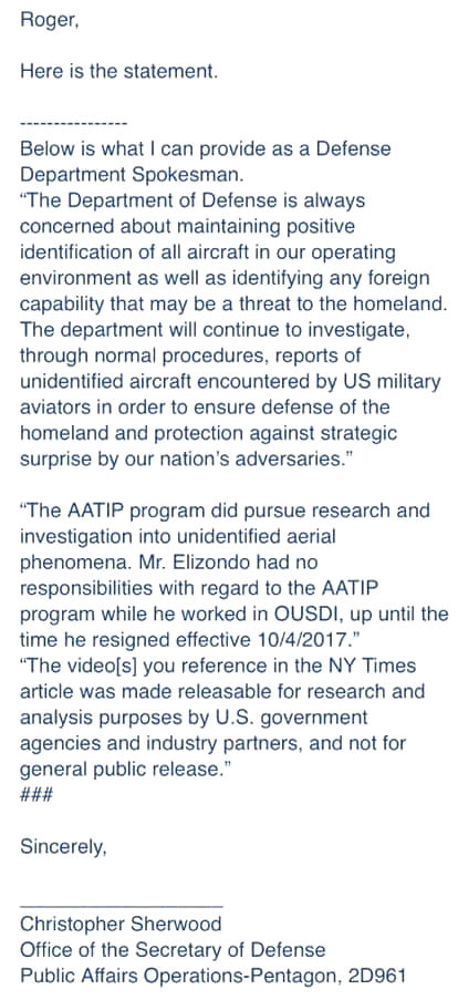 Pentagon Spokeman Sherwood To Roger Glassel Correspondence - June 2019 Pentagon Spokeman Sherwood To Roger Glassel Correspondence - June 2019
