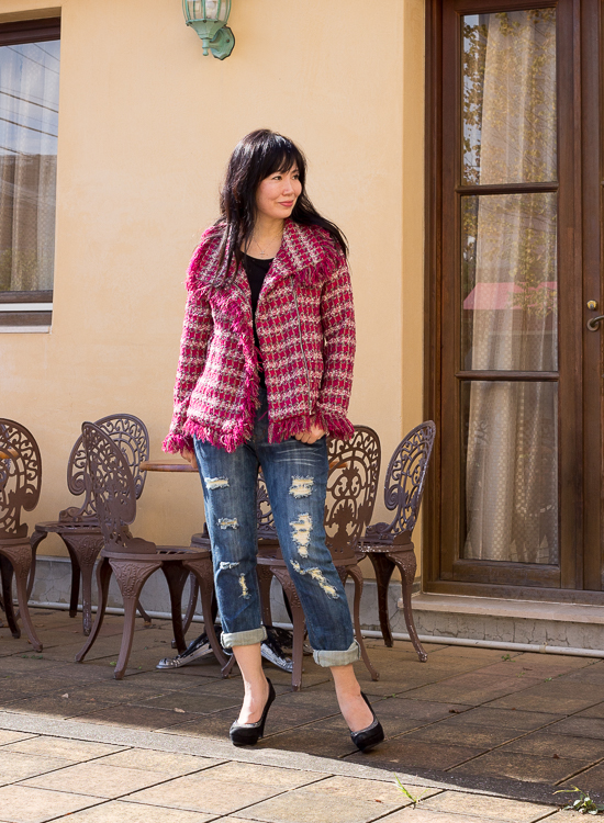 Butterick 5958 Hot Pink Fringe Jacket Cat in a wardrobe