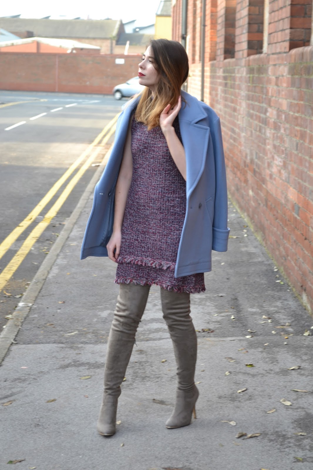 womens affordable highstreet fashion blog featuring British street style. Topshop knitted high neck jumper dress in chanel style. Thigh high grey suede boots from Matalan. Pastel blue double breasted jacket from Reiss. Holliescloset