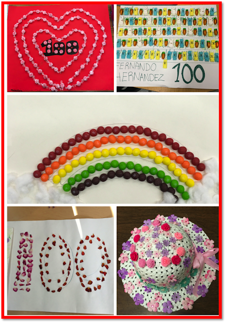 100th day of school family projects.  Students create at home with their families and bring back to school. 