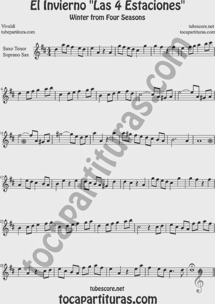 El Invierno Partitura de Clarinete Sheet Music for Clarinet Music Score Easy Winter From the Four Seasons El Invierno de Vivaldi Partitura Fácil  Partitura de Saxofón Soprano y Saxo Tenor Sheet Music for Soprano Sax and Tenor Saxophone Music Scores Easy Winter Sheet Music 