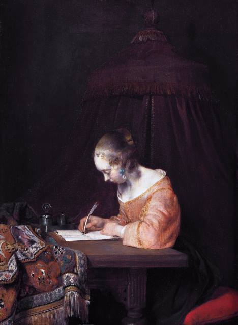 Mulher Escrevendo uma Carta - Gerard Ter Borch. Mulher Escrevendo uma Carta, pintura de Gerard Ter Borch.
