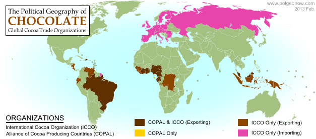 World map showing membership in chocolate-related intergovernmental organizations, the Alliance of Cocoa Producing Countries (COPAL) and the International Cocoa Organization (ICCO)