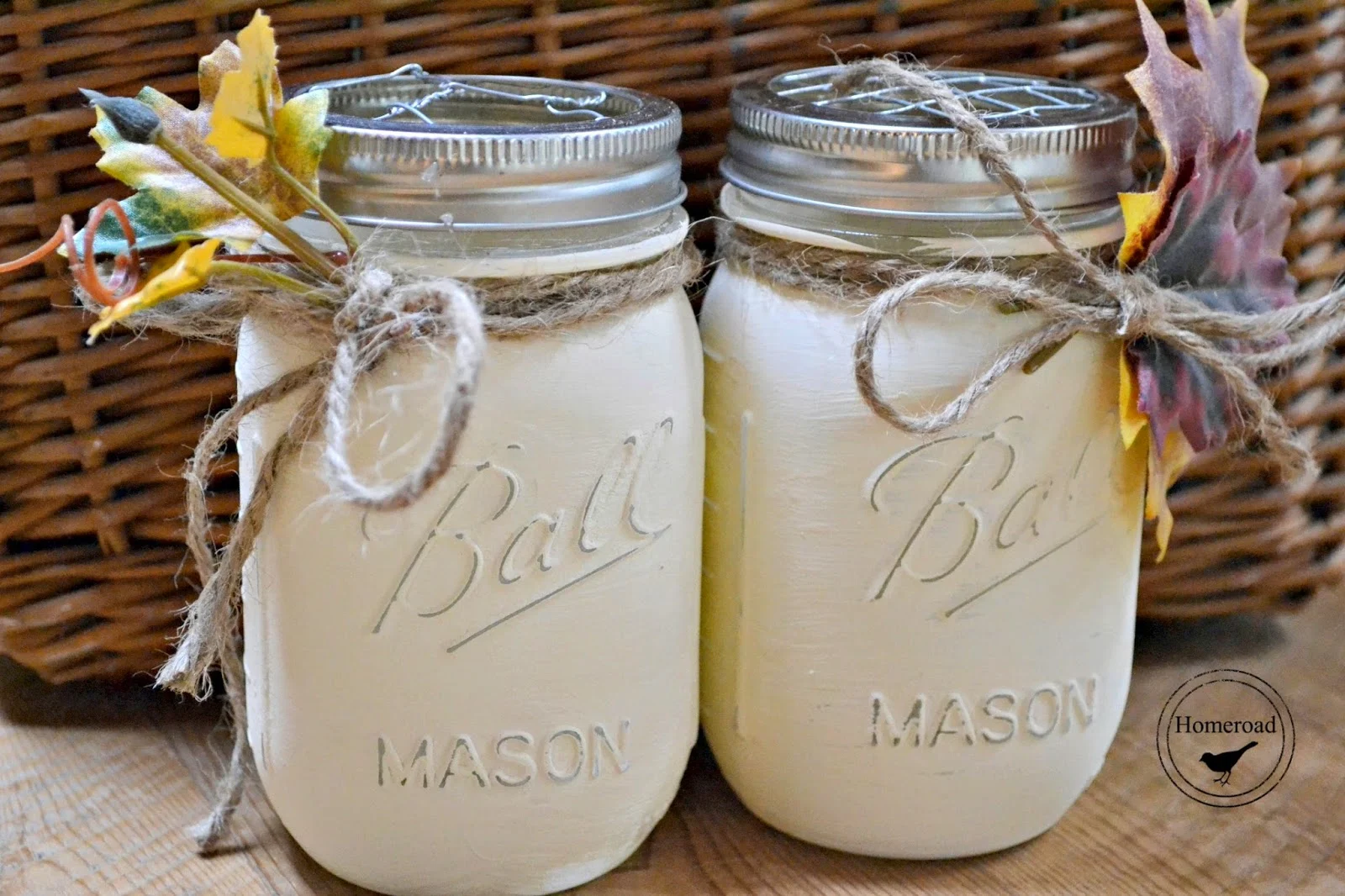 white mason jars with leaves