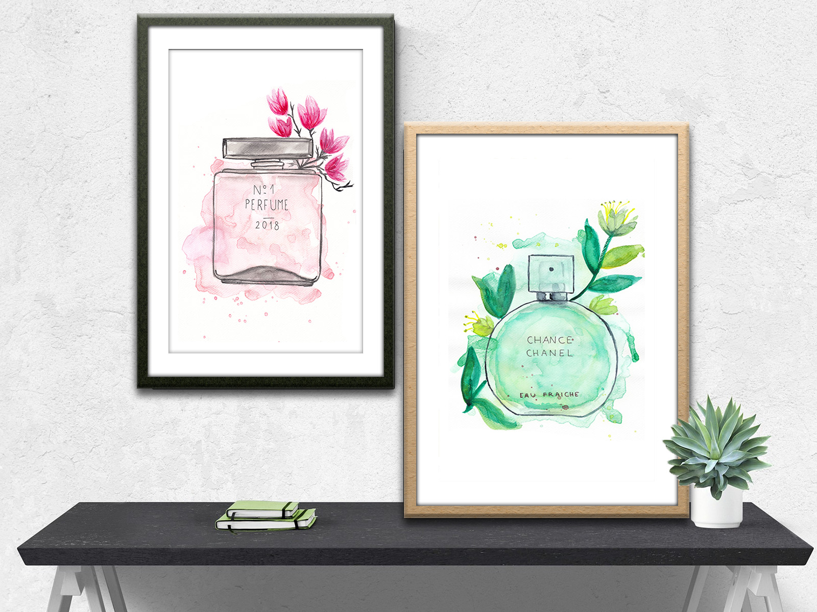 Chanel Chance and pink perfume bottle and magnolias watercolor illustration by Stella Visual