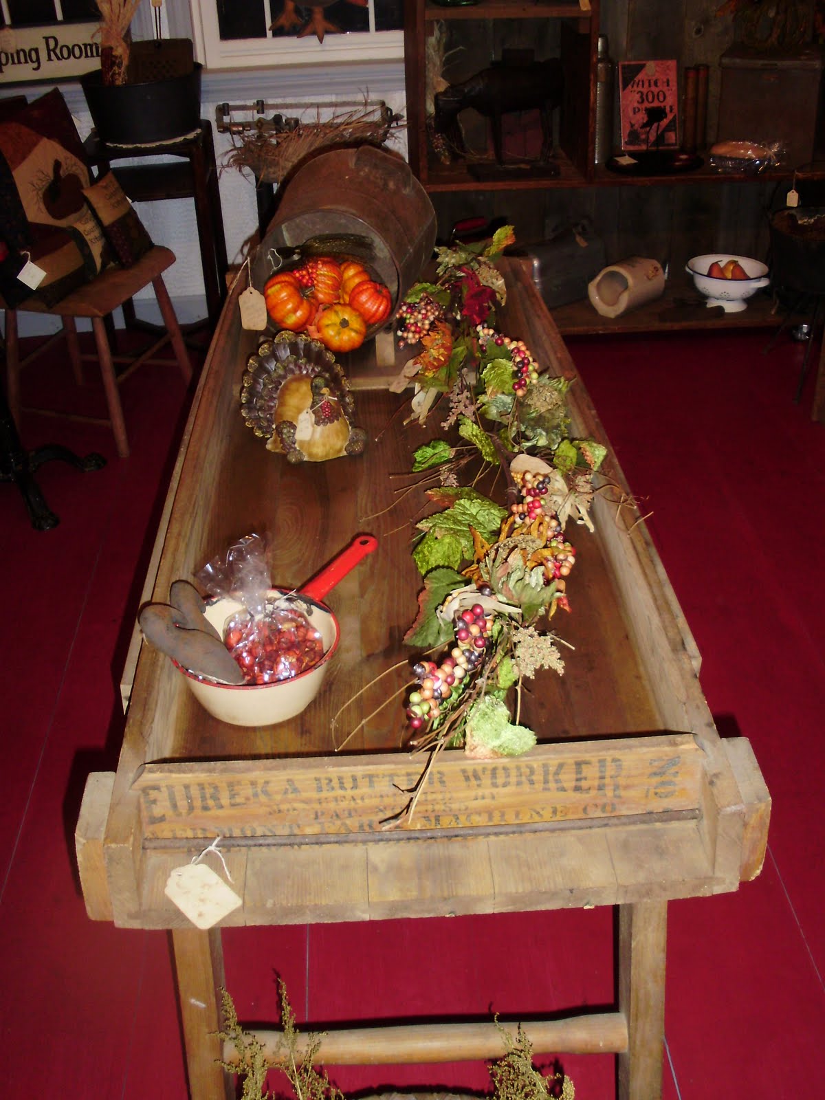 Log Cabin Antiques & Gifts Eureka Butter Worker's Table patent date 1886