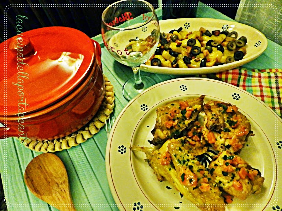 galletto stufato e contorno di patate arrosto, prosciutto di cinta senese e olive / rooster stew and roast potatoes, ham of cinta senese and olives