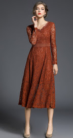2018 Long Sleeve Earth Red Flare Lace Dress