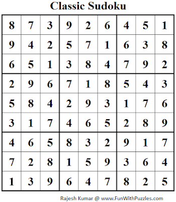 Classic Sudoku (Fun With Sudoku #91) Solution
