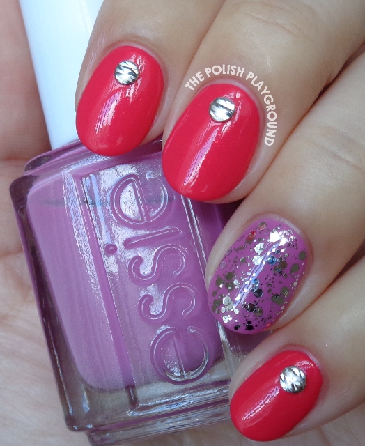 Pink Red with Silver Textured Nail Studs Nail Art