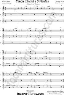  Flauta Travesera, flauta dulce y flauta de pico Partitura de Canon Infantil a tres voces Sheet Music for Flute and Recorder Music Scores 