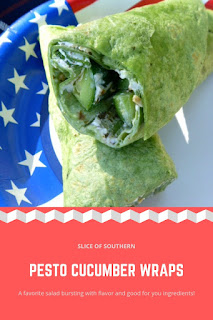 Pesto Cucumber Wraps: Crisp, cooling cucumber spears are wrapped in a pesto, cream cheese dressed spinach wrap. Oh man is this good! - Slice of Southern