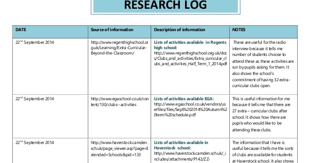 EPQ Research Log Proforma