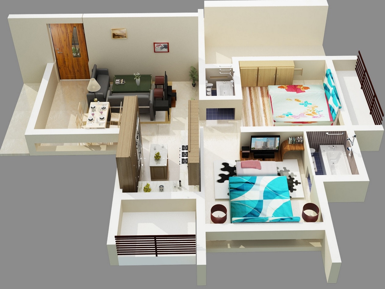 50 3D FLOOR PLANS, LAY-OUT DESIGNS FOR 2 BEDROOM HOUSE OR APARTMENT