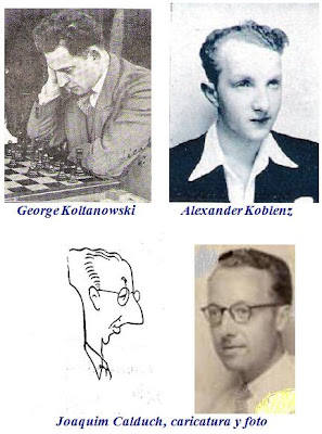 Fotos de los ajedrecistas George Koltanowski, Alexander Koblenz y Joaquim Calduch (también caricatura)